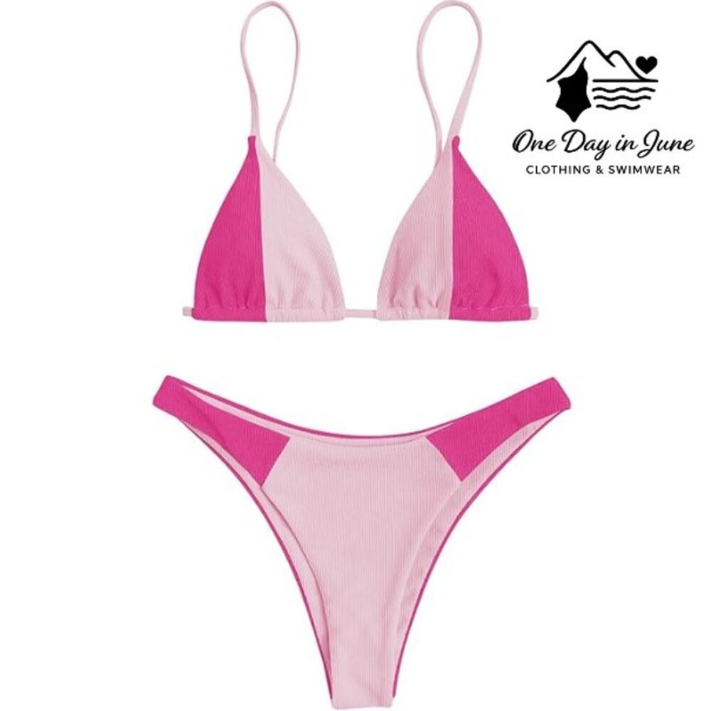 Zaful Triangle Ribbed Color Block Bikini Swimsuit Size M - Picture 1 of 5